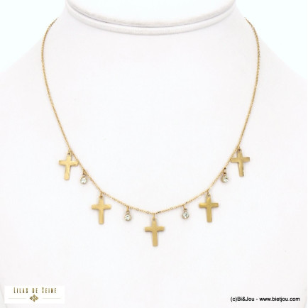 Collier en acier inoxydable à chaîne fine, charms croix et strass blanc 0122517 doré