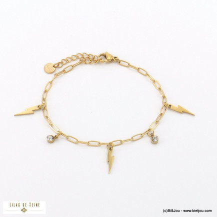 Bracelet fin pendentifs éclairs en acier inoxydable et strass blanc 0222503 doré