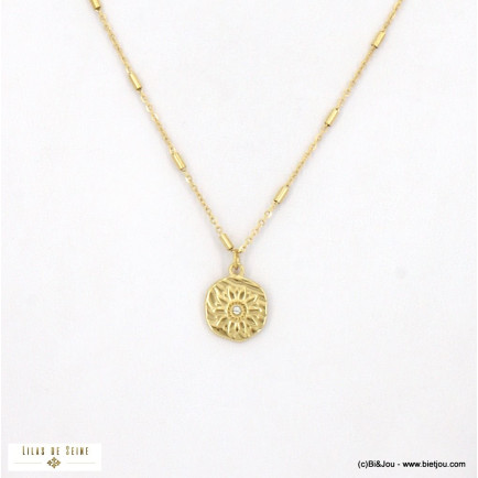 Collier médaille fleur marguerite, strass et chaîne fantaisie en acier inoxydable doré 0122521 blanc
