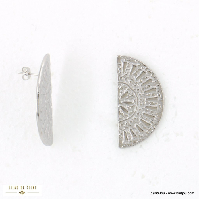 Boucles d'oreilles aztèques bouclier gravé en acier inoxydable 0322504 argenté