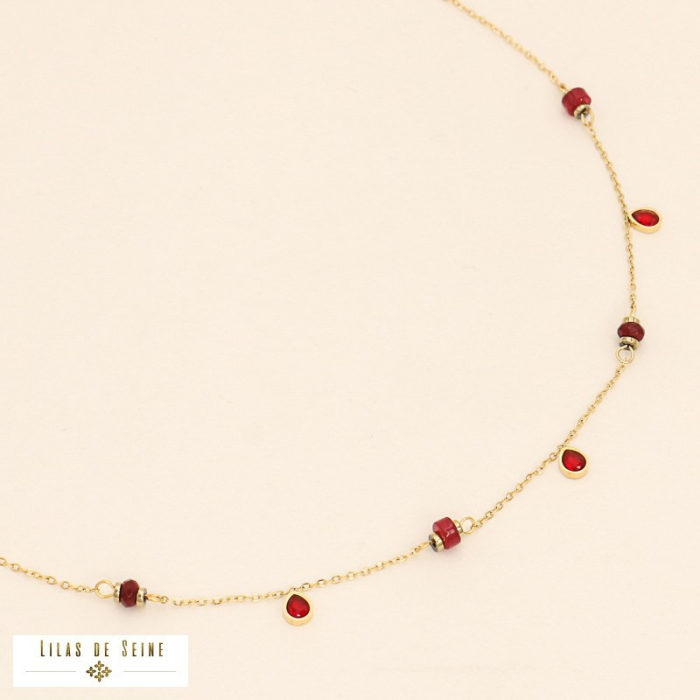 collier acier inoxydable pampilles goutte strass rondelles pierre naturelle femme 0122522 rouge bordeaux