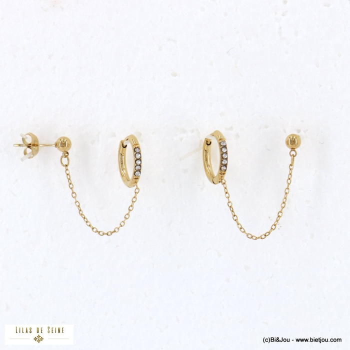 Boucles d'oreilles anneaux et chaîne double trous en acier et strass 0322564 doré