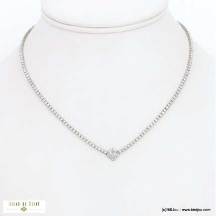 Collier court pendentif trèfle acier et chaîne strass 0122548 argenté