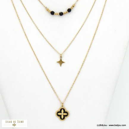 Collier multirangs perles pierres, étoile et talisman émail 0122546 noir