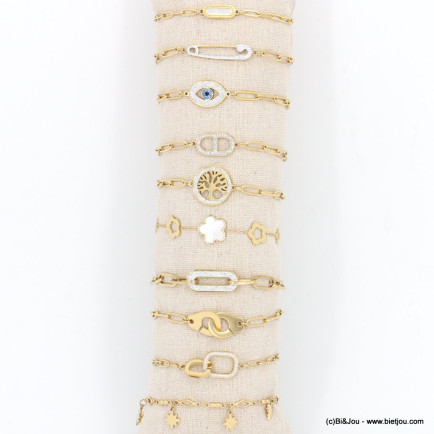 Ensemble 10 bracelets acier inoxydable trombonne arbre de vie menotte trèfle oeil étoile femme 0222539 doré