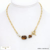 Collier acier inoxydable chaîne rectangle pierre naturelle perle eau douce fermoir T bâtonnet femme 0122591 marron