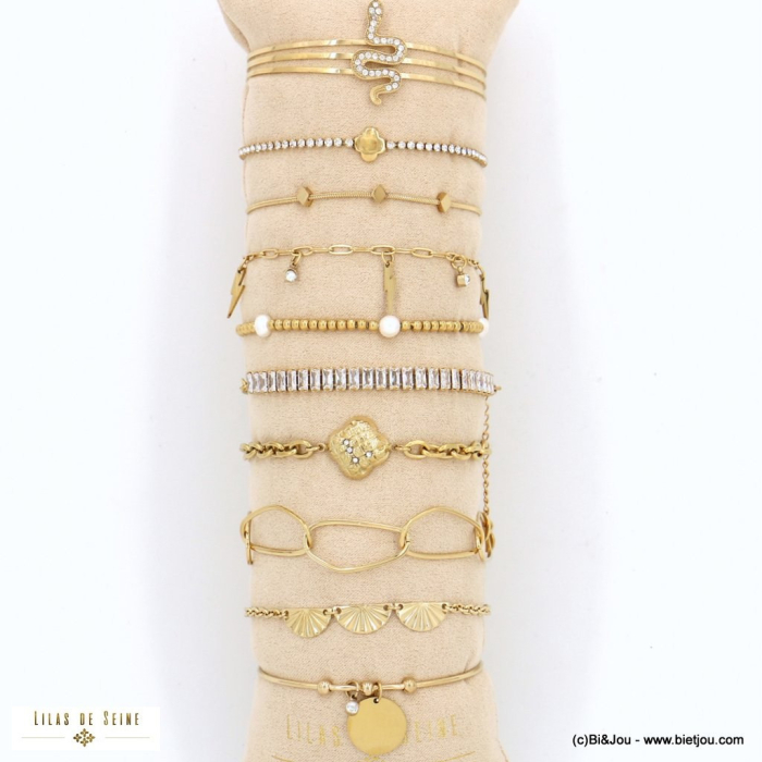 Ensemble 10 bracelets acier inoxydable strass perle trèfle serpent éclair femme 0222565 doré
