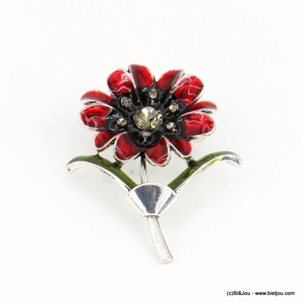 Broche épingle fleur métal résine époxy strass anthracite femme 0522505 rouge