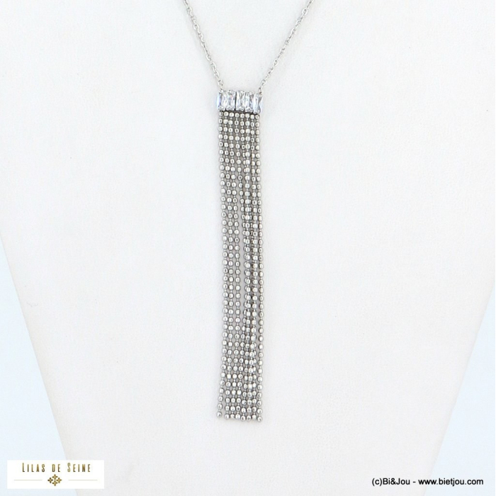 Collier Y franges billes en acier inoxydable strass spécial soirée pour femme 0122583 argenté