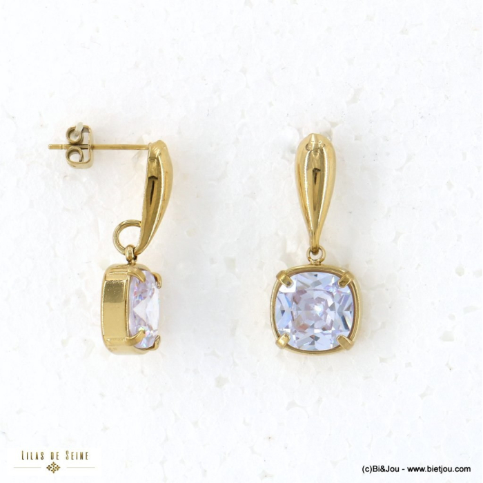 Boucles d'oreilles de soirée pendantes en acier inoxydable avec cristal carré pour femme 0322586 blanc