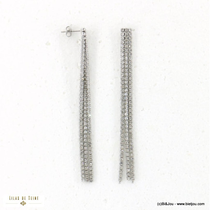 Boucles d'oreilles longues franges fines strass en acier inoxydable 0322584 argenté