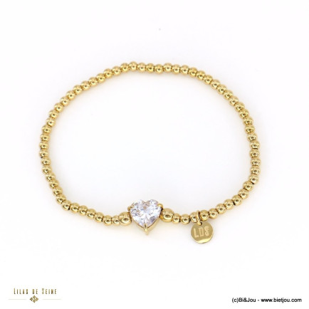 Bracelet billes en acier inoxydable et cœur en strass pour femme 0222557 doré