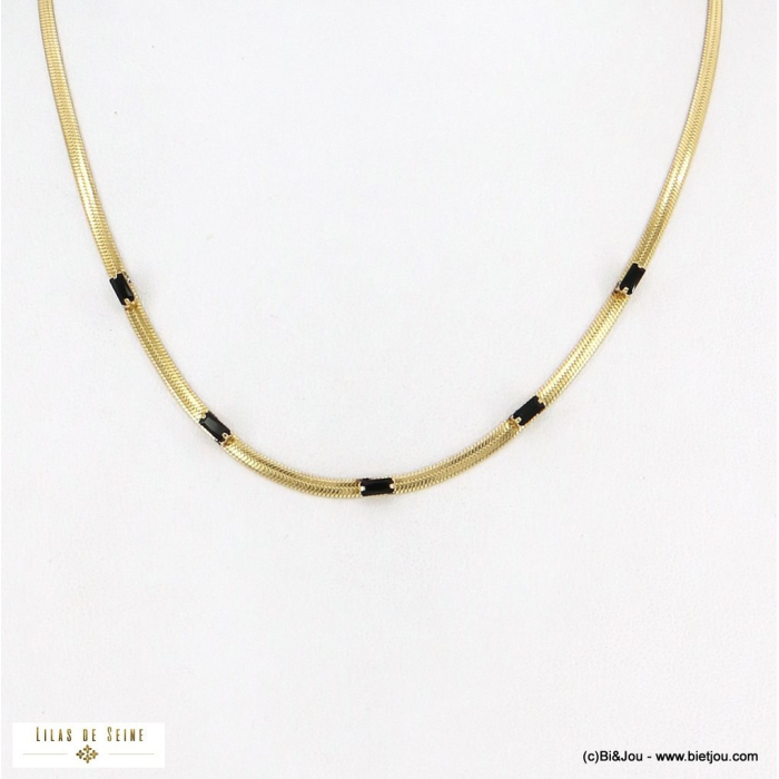 Collier chaîne maille plate serpent avec strass acier inoxydable femme 0122574 noir