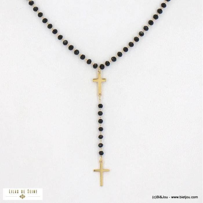 Collier Y pendentif croix acier inoxydable cristal 0122587 noir