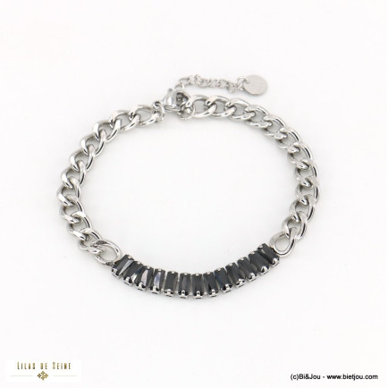 Bracelet acier inoxydable géométrique contemporain chaîne maille gourmette barre horizontale strass femme 0222564 argenté