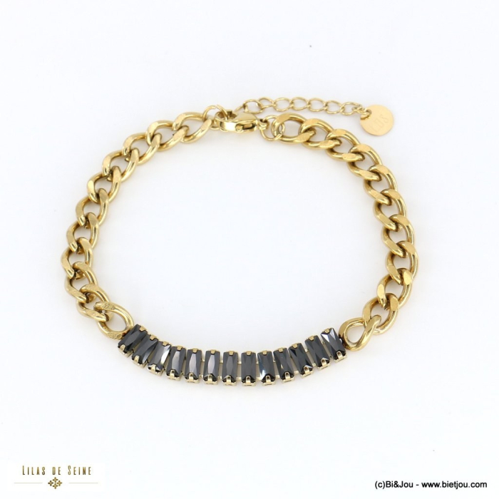 Bracelet acier inoxydable géométrique contemporain chaîne maille gourmette barre horizontale strass femme 0222564 doré