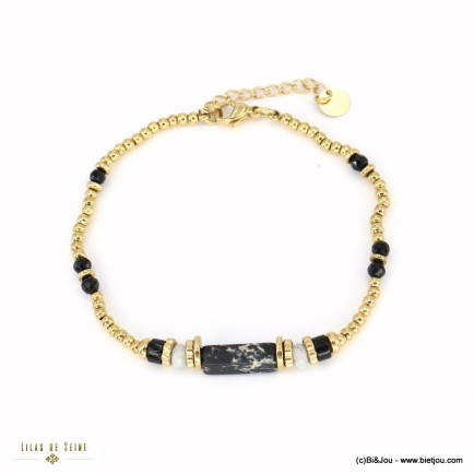 Bracelet billes rondes acier inoxydable pierre naturelle femme 0222562 noir