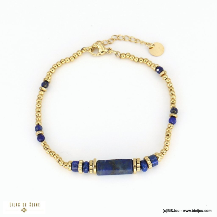 Bracelet billes rondes acier inoxydable pierre naturelle femme 0222562 bleu foncé