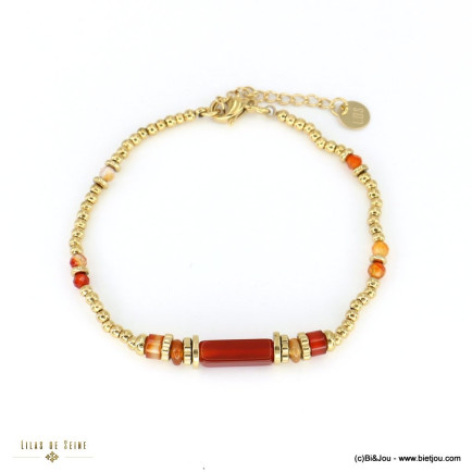 Bracelet billes rondes acier inoxydable pierre naturelle femme 0222562 rouge bordeaux