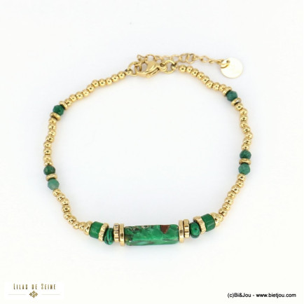 Bracelet billes rondes acier inoxydable pierre naturelle femme 0222562 vert foncé