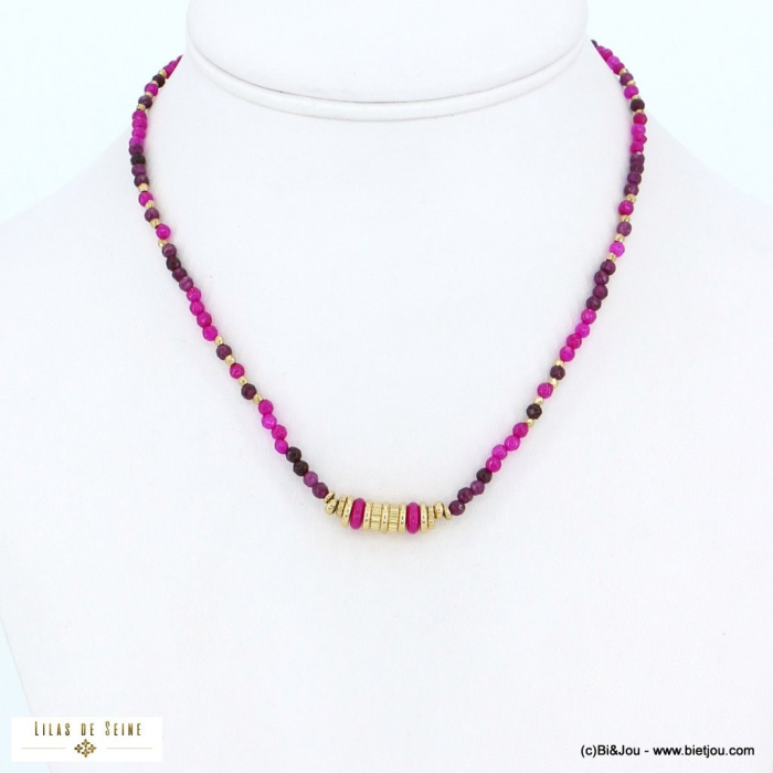 Collier billes facettées acier inoxydable pierre naturelle femme 0122585 violet