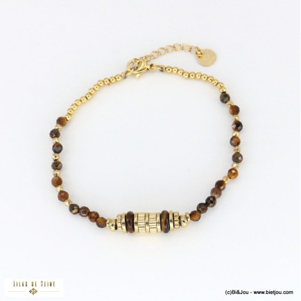 Bracelet billes facettées acier inoxydable pierre naturelle femme 0222563 marron