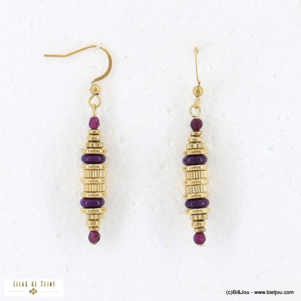 Boucles d'oreilles billes facettées acier inoxydable pierre naturelle femme 0322588 violet