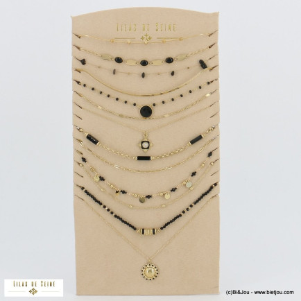 Ensemble 10 colliers perles, pierres naturelles, pendentifs et acier inoxydable avec présentoir 0122595 noir