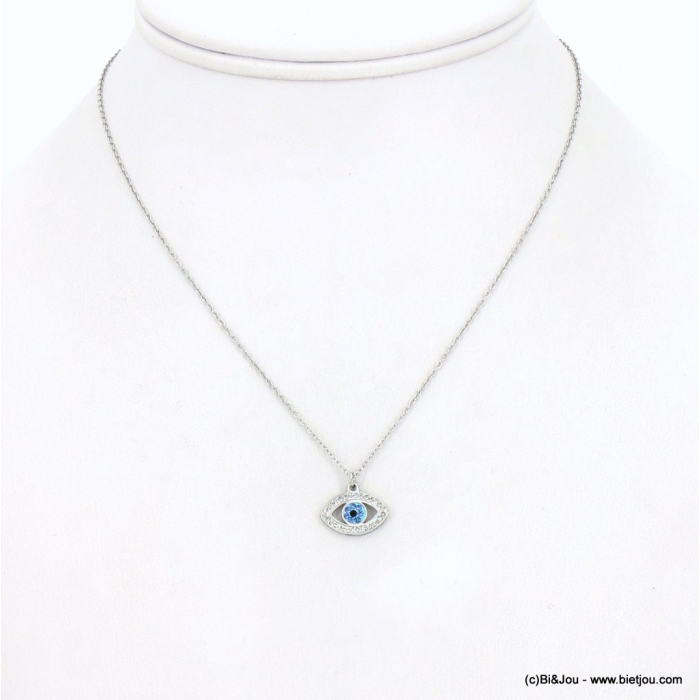 Collier acier inoxydable oeil bleu porte-bonheur strass femme 0122599 argenté