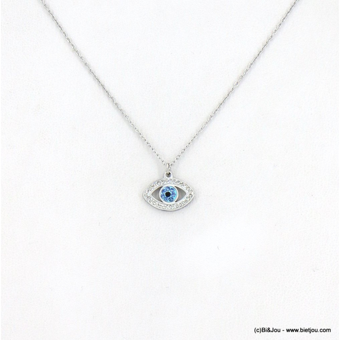Collier acier inoxydable oeil bleu porte-bonheur strass femme 0122599 argenté