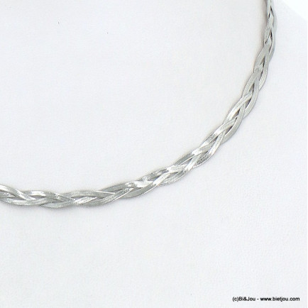 Collier chaîne maille plate serpent tressée acier inoxydable femme 0122602 argenté