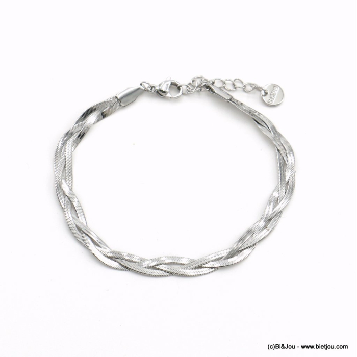 Bracelet chaîne maille plate serpent tressée acier inoxydable femme 0222568 argenté