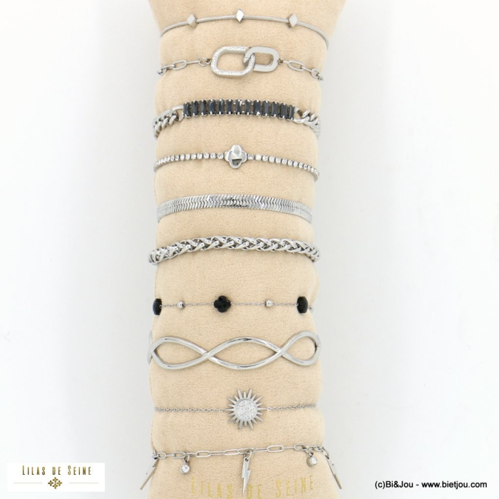 Ensemble 10 bracelets acier inoxydable strass cristal soleil rayonnant trèfle femme 0222581 argenté
