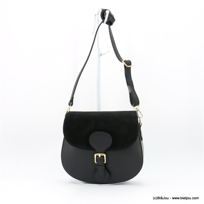 Sac à bandoulière bi-matière cuir véritable daim rabat rigide 0923003 noir Sac à bandoulière bi-matière cuir véritable daim rabat rigide 0923003 noir