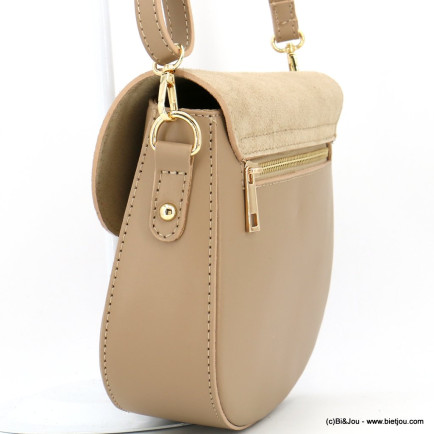 Sac à bandoulière bi-matière cuir véritable daim rabat rigide 0923003 naturel/beige