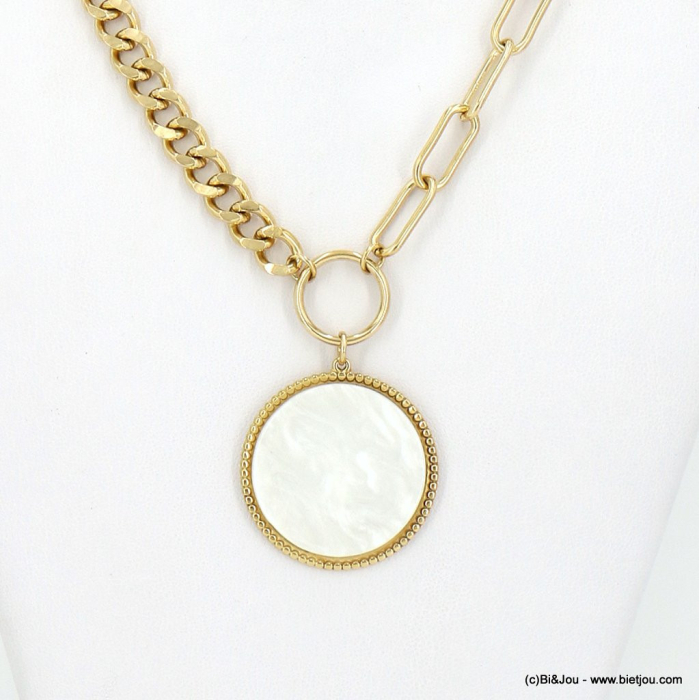 Collier maxi maillons avec médaille résine marbré et acier inoxydable 0123010 - Grossiste Bijoux Acier
