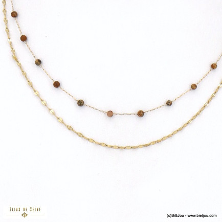 Collier double-rangs en acier inoxydable perles en pierre naturelle pour femme 0123013 marron