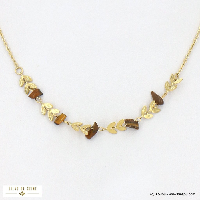Collier perles pierres naturelles et épis de blé acier inoxydable pour femme 0123022 marron