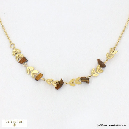 Collier perles pierres naturelles et épis de blé acier inoxydable pour femme 0123022 marron