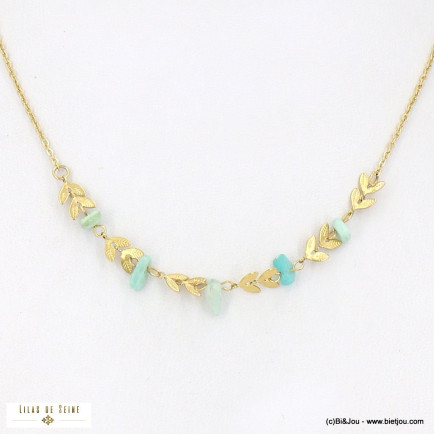 Collier perles pierres naturelles et épis de blé acier inoxydable pour femme 0123022 vert aqua