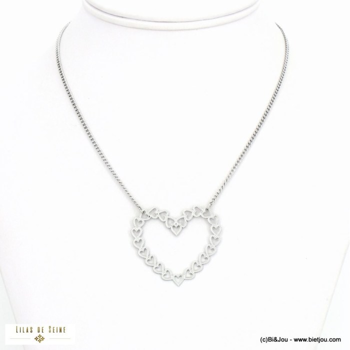 Collier acier inoxydable pendentif coeur chaîne maille gourmette femme 0123003 argenté
