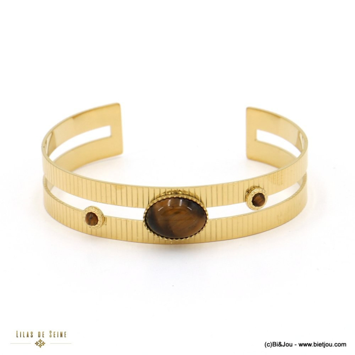 Bracelet jonc acier inoxydable strié cabochon ovale pierre femme 0223017 marron