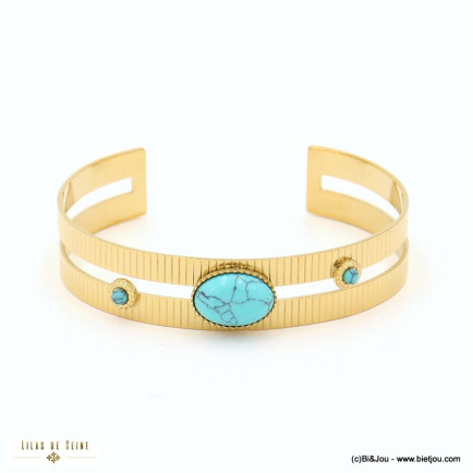 Bracelet jonc acier inoxydable strié cabochon ovale pierre femme 0223017 bleu turquoise