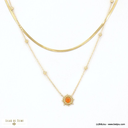 Collier double-rangs acier inoxydable soleil cabochon pierre chaîne maille miroir femme 0123020 orange