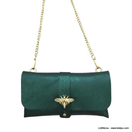Sac à bandoulière chaîne pochette cuir véritable irisé rabat abeille femme 0922518 vert foncé