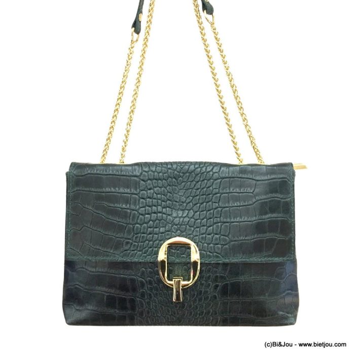 Sac à bandoulière chaîne métal cuir véritable façon croco fermoir tourniquet femme 0922550 vert foncé