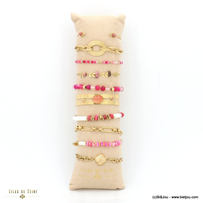 Ensemble de 10 bracelets trèfle épi de blé torsadé nacre pierre acier inoxydable strass femme 0223049 fushia