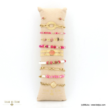 Ensemble de 10 bracelets trèfle épi de blé torsadé nacre pierre acier inoxydable strass femme 0223049 fushia