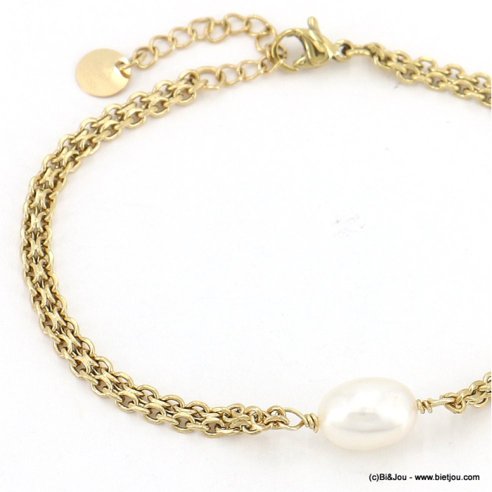 Bracelet acier inoxydable chaîne maille palmier perle eau douce femme 0223036 blanc