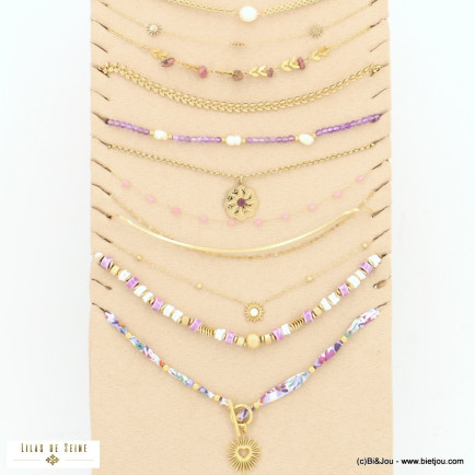 Ensemble de 10 colliers étoile soleil cœur fleur feuille coton perle pierre acier inoxydable céramique femme 0123042 violet